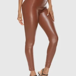 Leggings imitação de couro castanho brilhante
